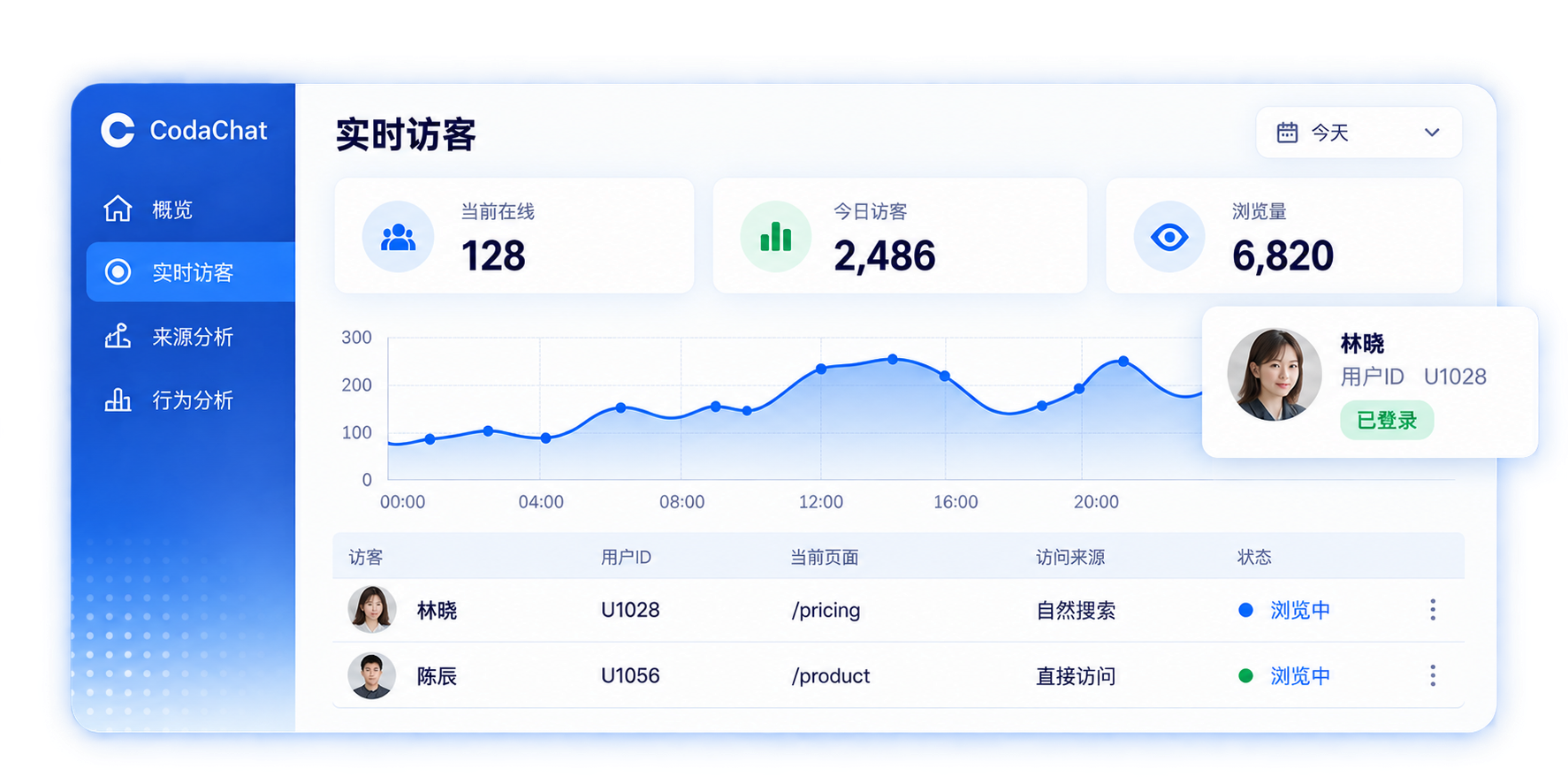 实时访客面板宣传示意，展示在线人数、访问趋势、访客列表与网站传入的登录身份；示例数据